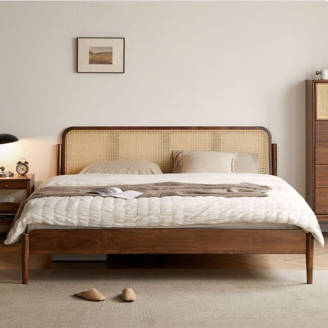 North American Black Walnut Solid Wood Rattan Bed