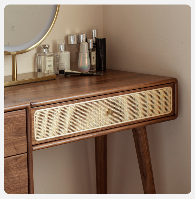 Black Walnut Solid Wood Rattan Dressing Table.