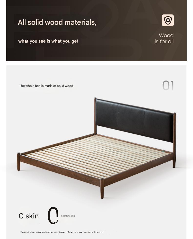 Black Walnut, Oak, Rubberwood Solid Wood Leather Soft Bed Italian Light Luxury