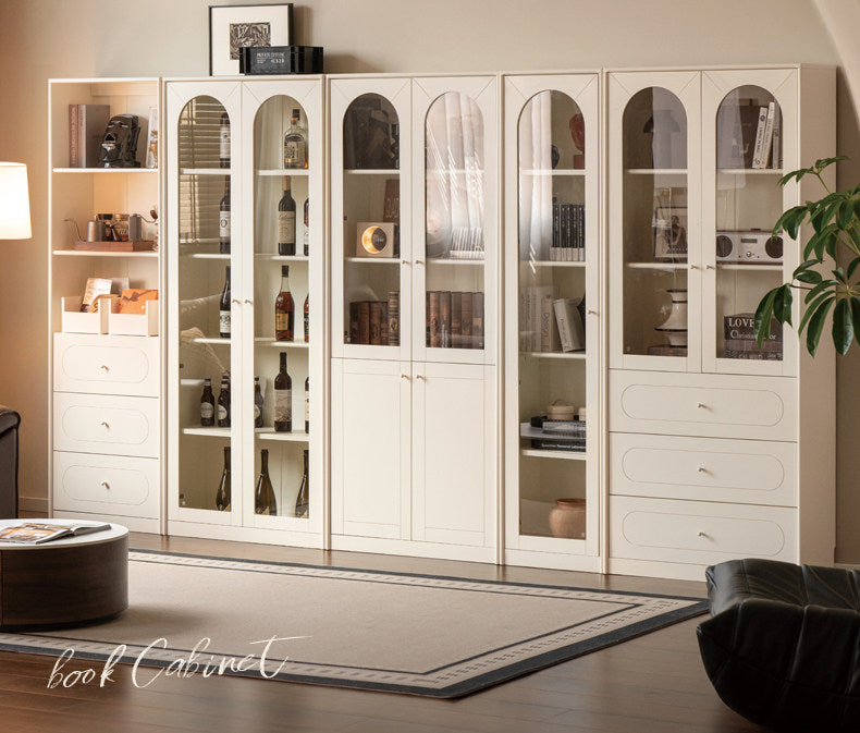 Solid RubberWood Bookcase White With Glass Door French Cream Style