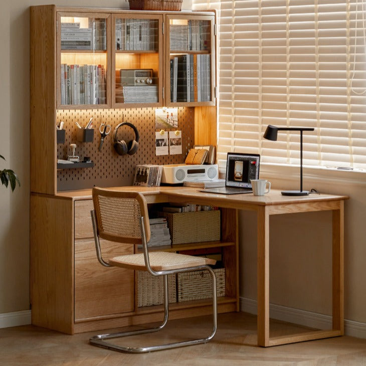 Oak Solid Wood Desk Bookcase Integrated Corner Office Table