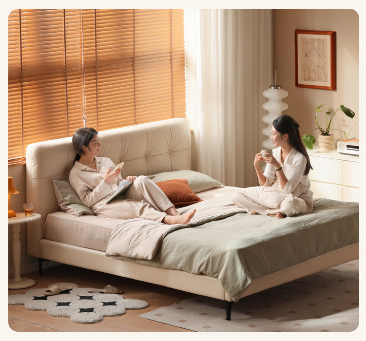 Genuine Leather Light Luxury Bed, Cream Style