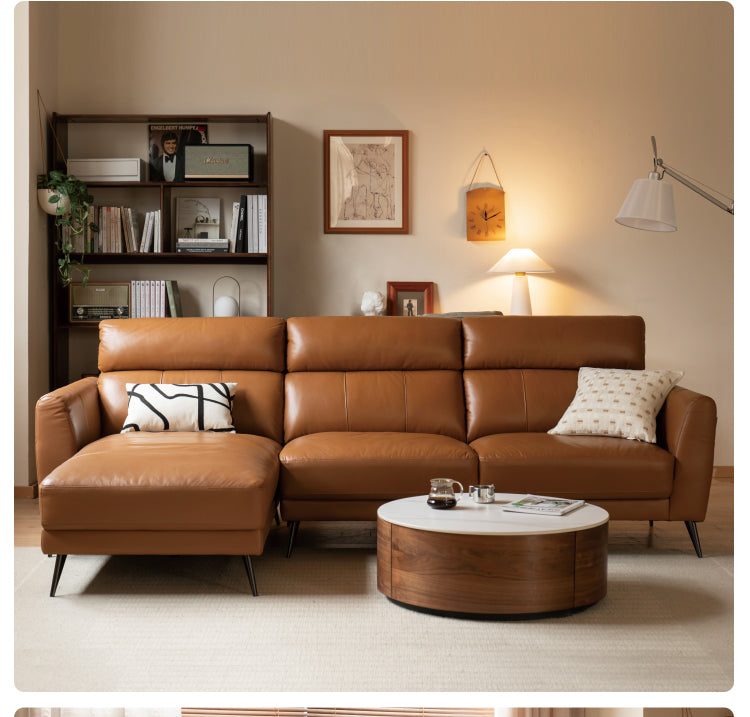 First-layer Yellow Cowhide Leather Sofa Light Luxury Italian Style.