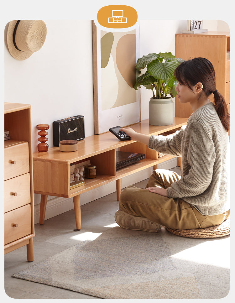 Beech Solid Wood TV Cabinet Open Storage.