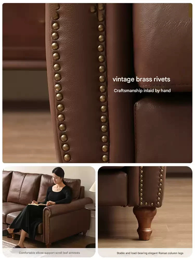 Genuine Leather American Retro High Back Sofa