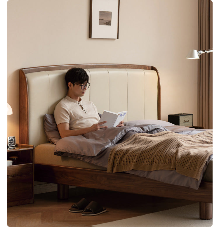 Black Walnut, Ash Solid Wood Leather Simple High Soft Back Bed