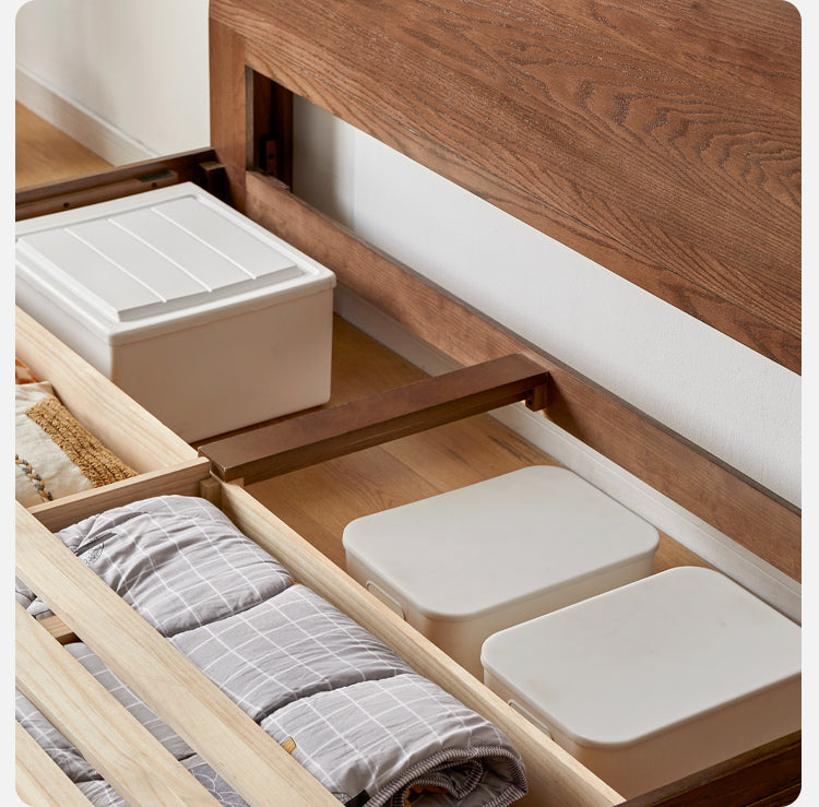 Oak, Rubberwood Solid Wood, Multifunctional Storage Box Bed