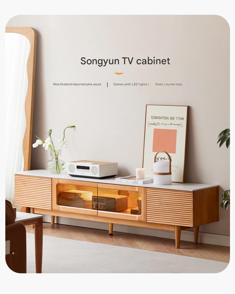 Pine Solid Wood Modern Rock Floor TV Cabinet.