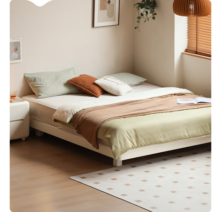 Rubberwood Solid Wood White Cream Platform Bed, Headboard-Free Bed