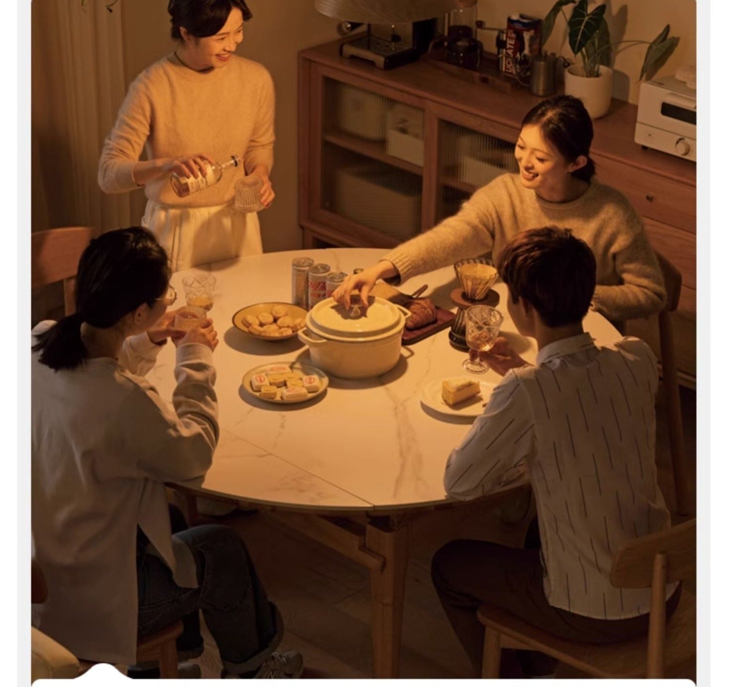 Oak Solid Wood Round Folding Dining Table With Rock Slab Surface