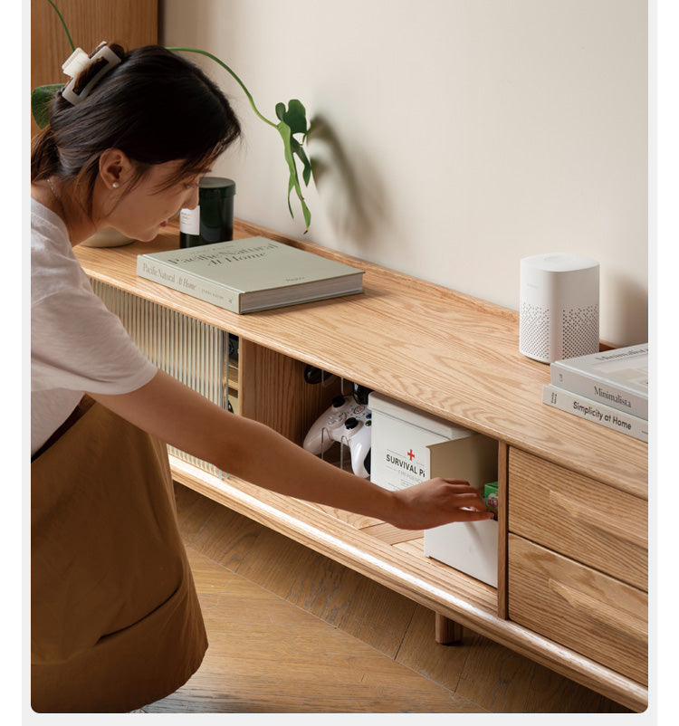 Oak Solid Wood TV Stand Sliding Door.