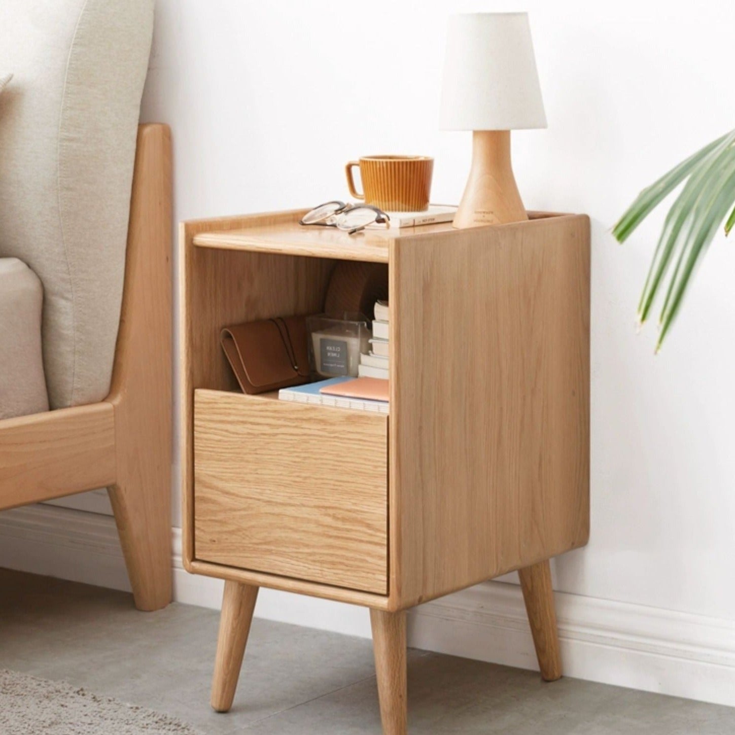 Oak Solid Wood, Solid Rubberwood Ultra-Narrow Nightstand.