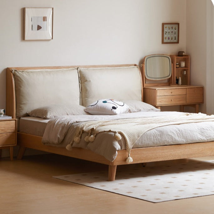 Oak Solid Wood Top Grain Leather, Technical Cloth ,Fabric Bed
