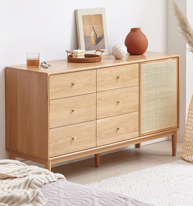 Oak Solid Wood Rattan Storage Cabinet