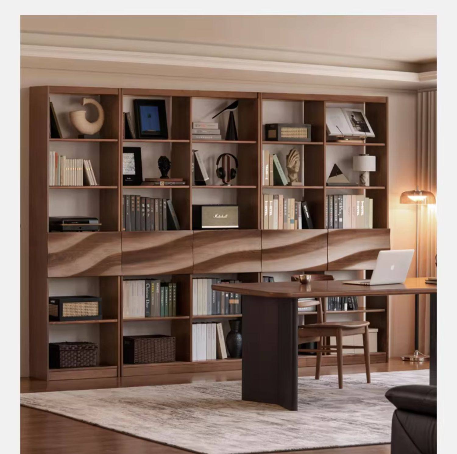 Black Walnut Solid Wood Bookshelf with Combination Storage and Display Shelves