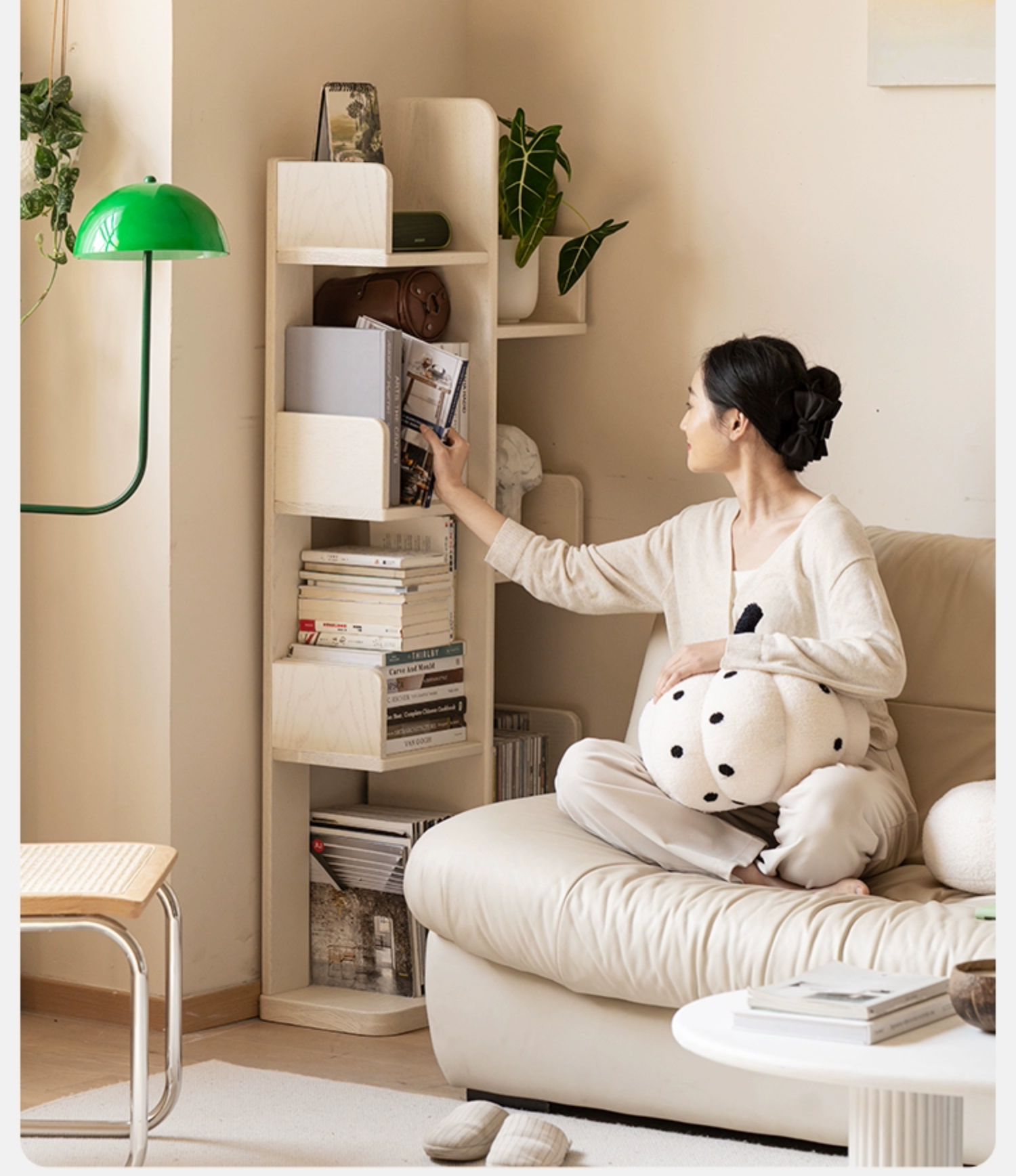 Oak Solid Wood Floor to Floor Cream Cactus Shelf Corner Bookcase Display<