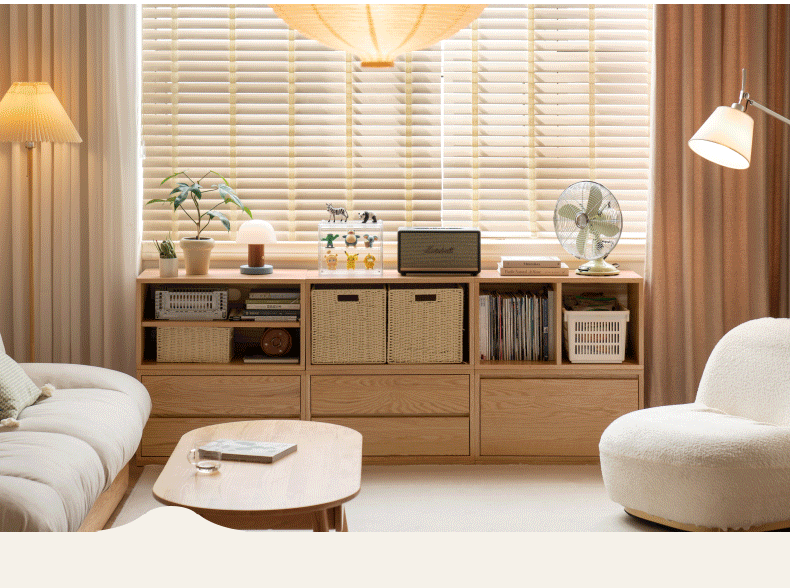 Ash Solid Wood Modern TV Cabinet with Freely Combineable Bookshelf and Storage