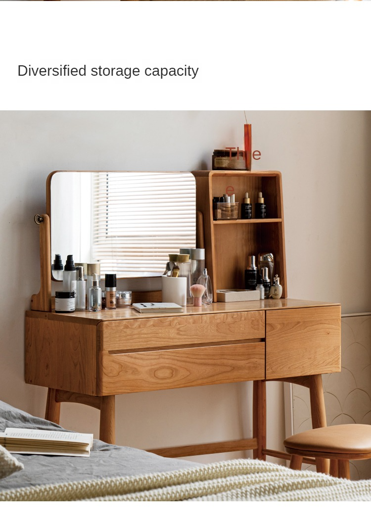 Cherry Solid Wood Vanity Table Nordic Makeup Mirror.