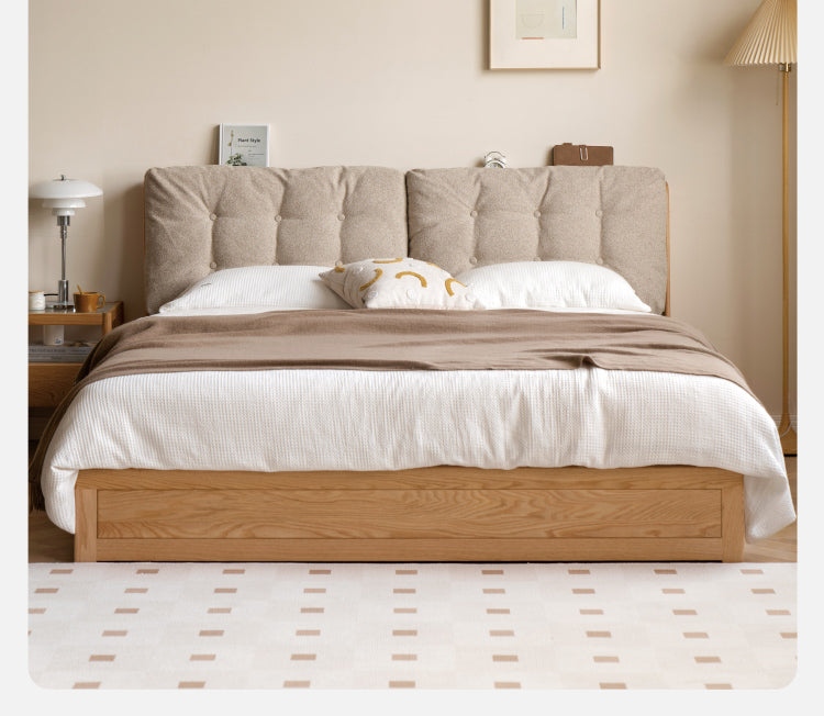 Oak Solid Wood Fabric Box Bed Cream Style