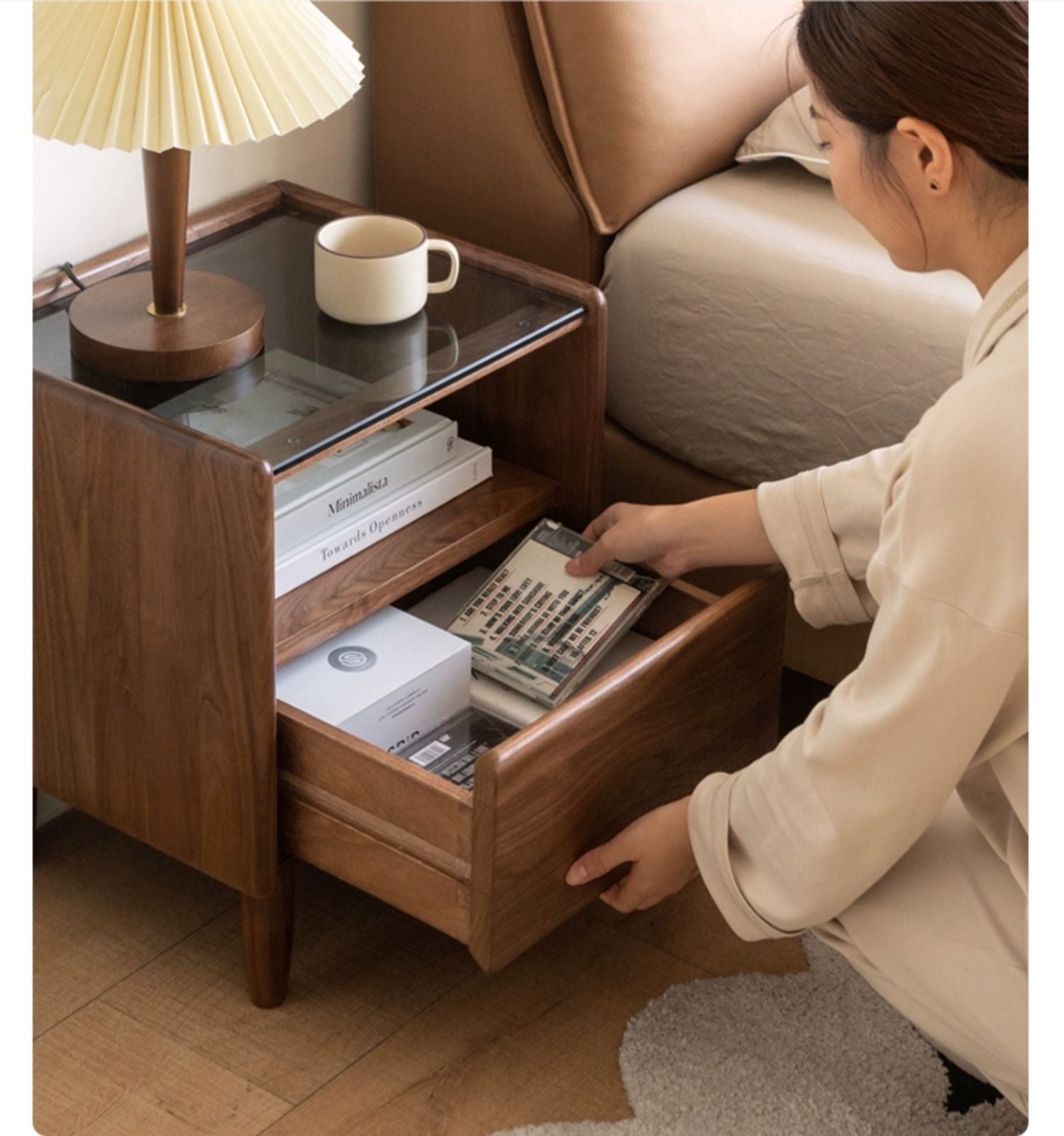 Black Walnut, Catalpa, Sandalwood Solid Wood Nightstand Glass Countertop.