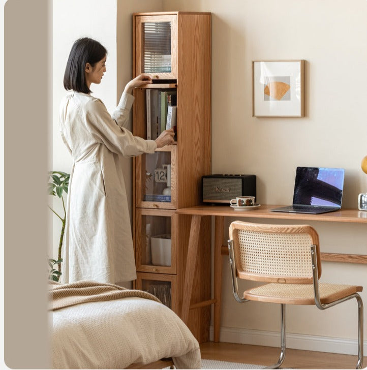 Oak Solid Wood Bookcase Corner Glass Flip Door