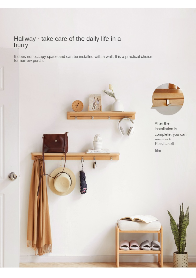 Beech Solid Wood Wall Shelf With Hooks