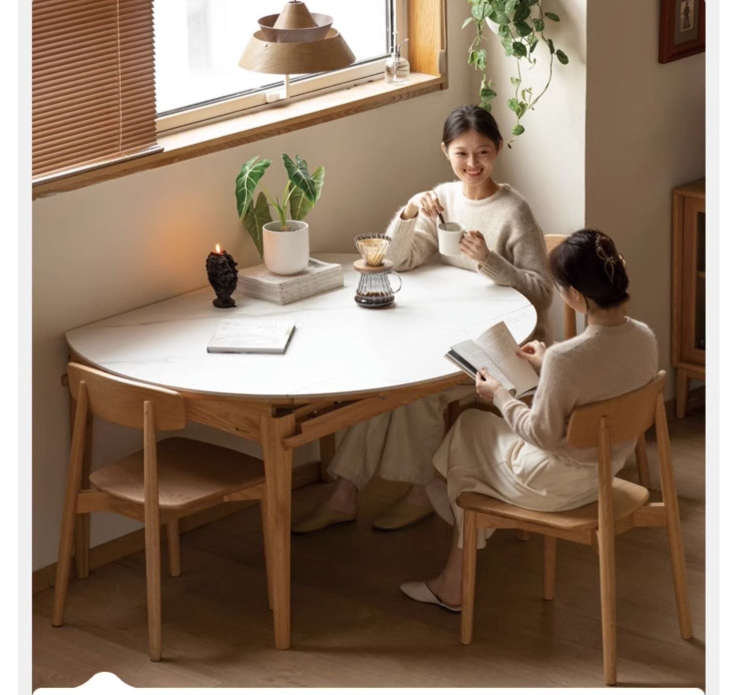 Oak Solid Wood Round Folding Dining Table With Rock Slab Surface