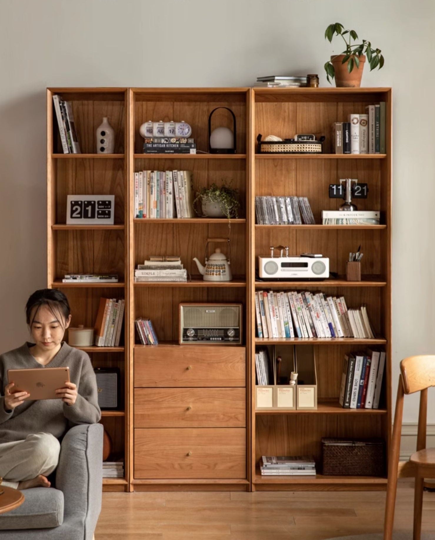 Cherry Wood Combination Bookcase Floor Shelf Glass Door Bookcase