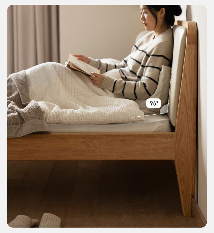Oak Solid Wood Bed Modern Genuine Leather,Technology Cloth, Fabric