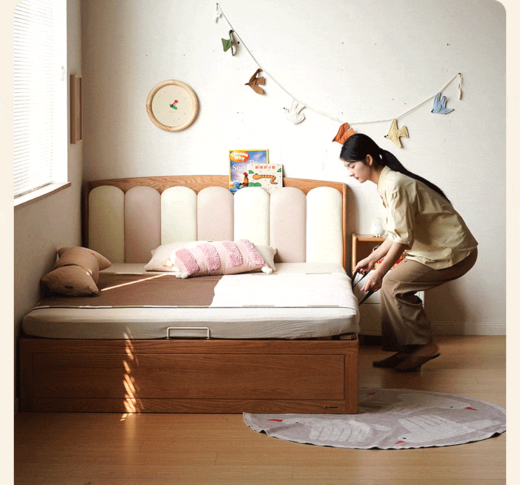 Oak Solid Wood Kids Bed with Adjustable Channel-Tufted Headboard and Gas-Lift Storage