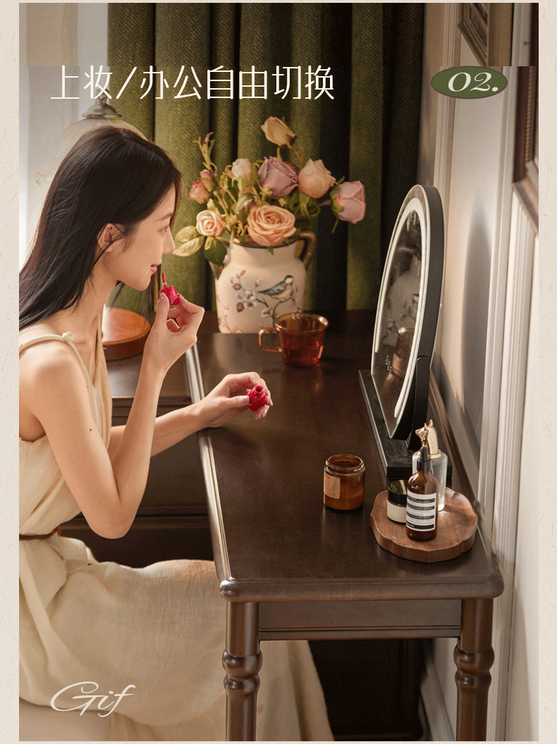 Poplar Solid Wood Vintage Extendable Vanity Desk with Round Mirror and Turned Legs