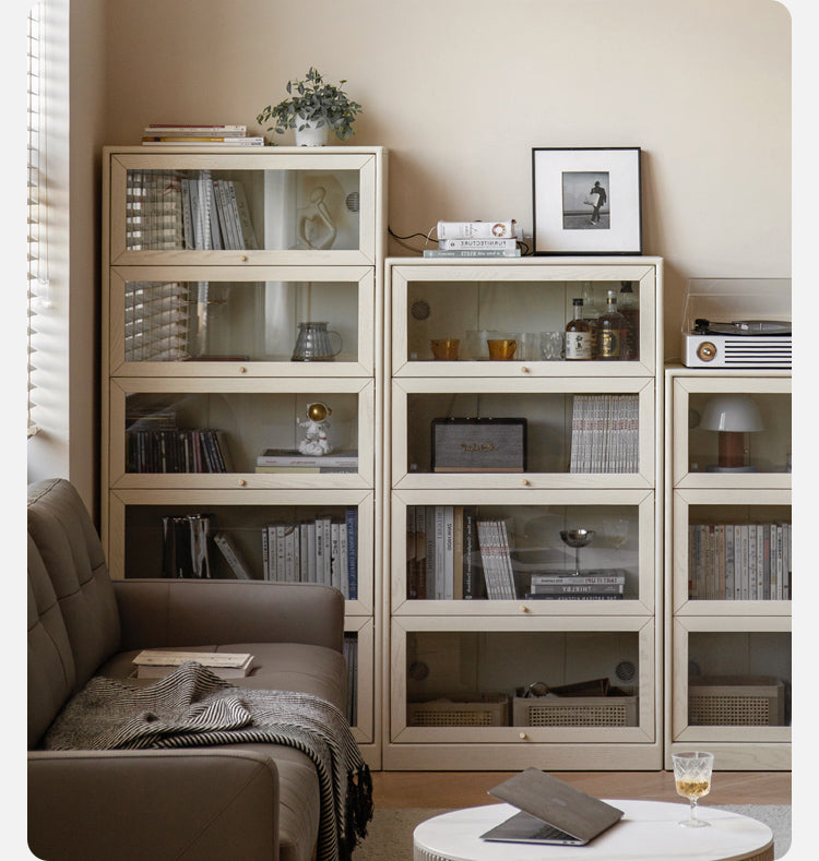 Oak Solid Wood Bookcase Cream Flip Door Glass Display Cabinet