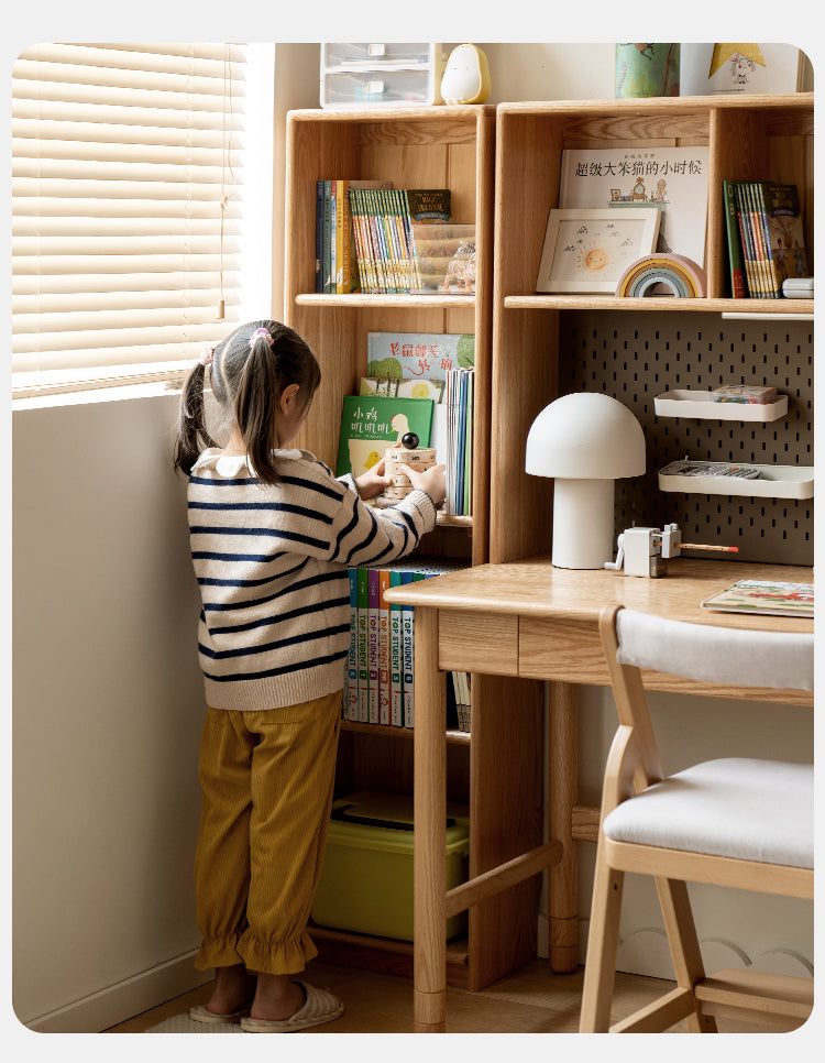 Oak Solid Wood Kids Lifting Study Desk Bookshelf