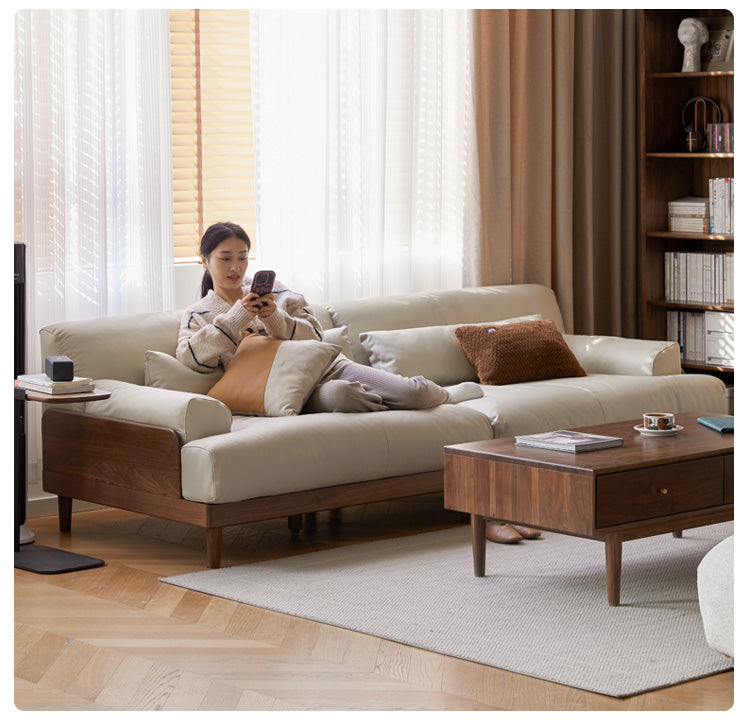 Black Walnut, Oak Solid Wood Leather Down Sofa.