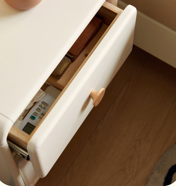 Solid Rubberwood Nightstand Cream Style White Cabinet.