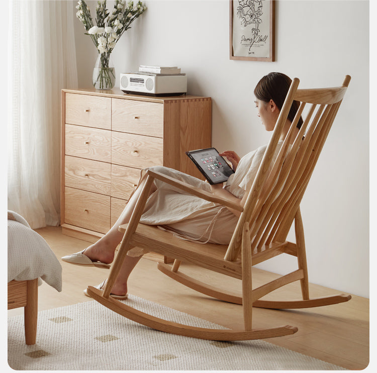 Oak Solid Wood Genuine Leather Rocking Chair :