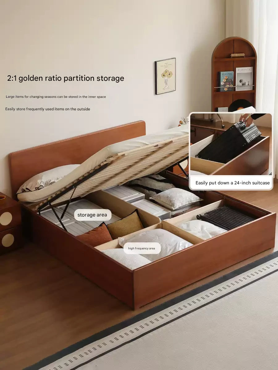 Poplar Solid Wood Storage Bed with Flat Panel Headboard