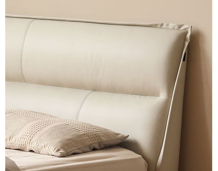 Genuine Leather Bed Cream First Layer Cowhide High Backrest Bed