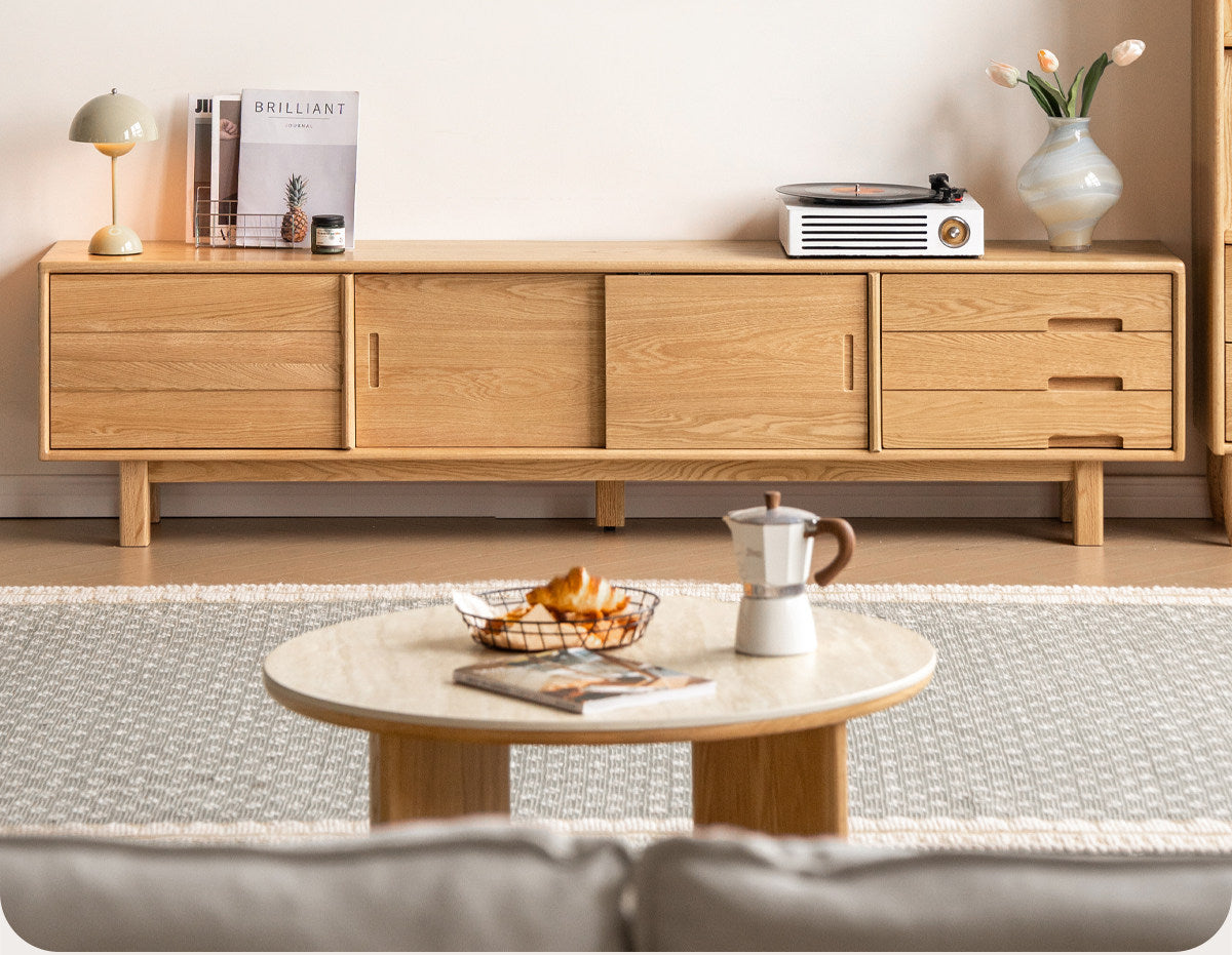 Oak Solid Wood TV Console with Ribbed Sliding Doors and Open Shelving