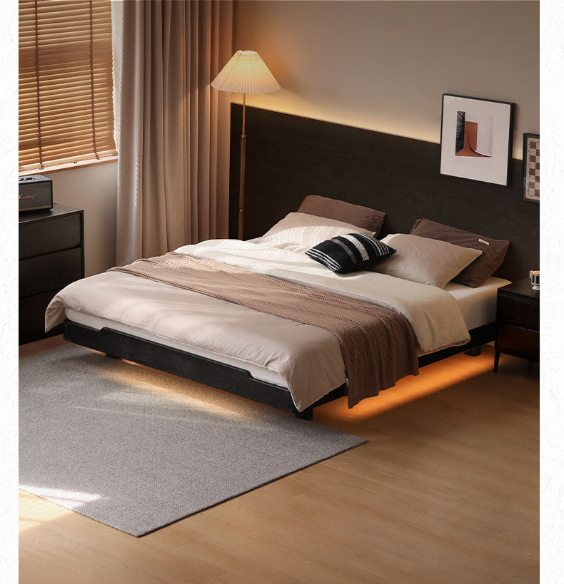 Oak solid wood Suspended platform bed, headboard-free bed Black with light