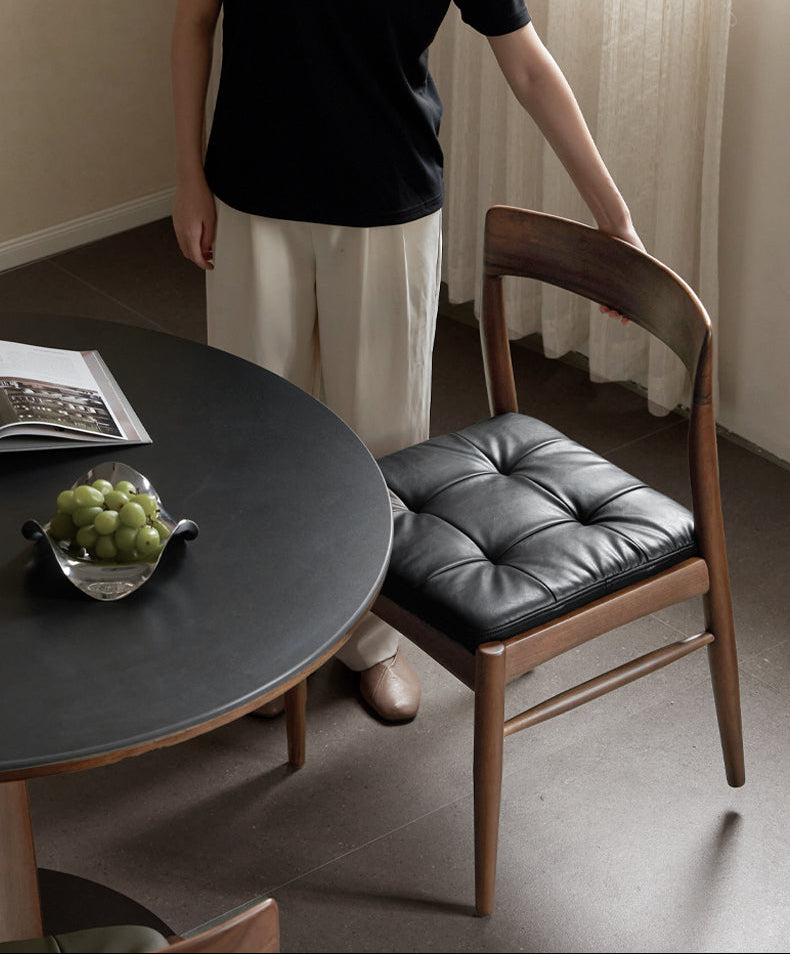 Set 4 pcs Black Walnut Solid Wood Dining Chair with Leather Seat, Mid Century Modern