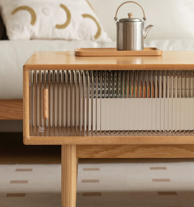 Oak, Beech, Solid Rubberwood Glass Doors Coffee Table