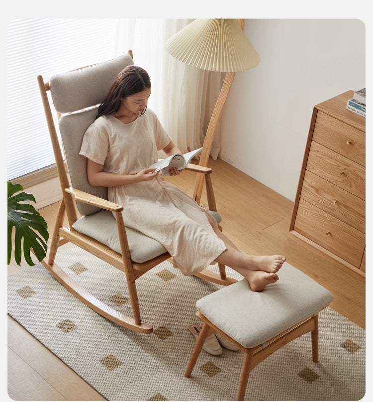 Oak Solid Wood Genuine Leather Rocking Chair :