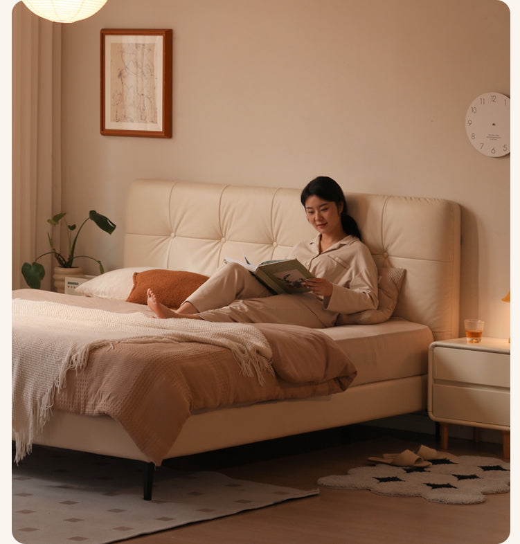 Genuine Leather Light Luxury Bed, Cream Style