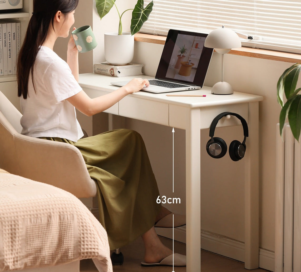 Rubber Solid Wood Modern Narrow Cream Style Drawer Desk