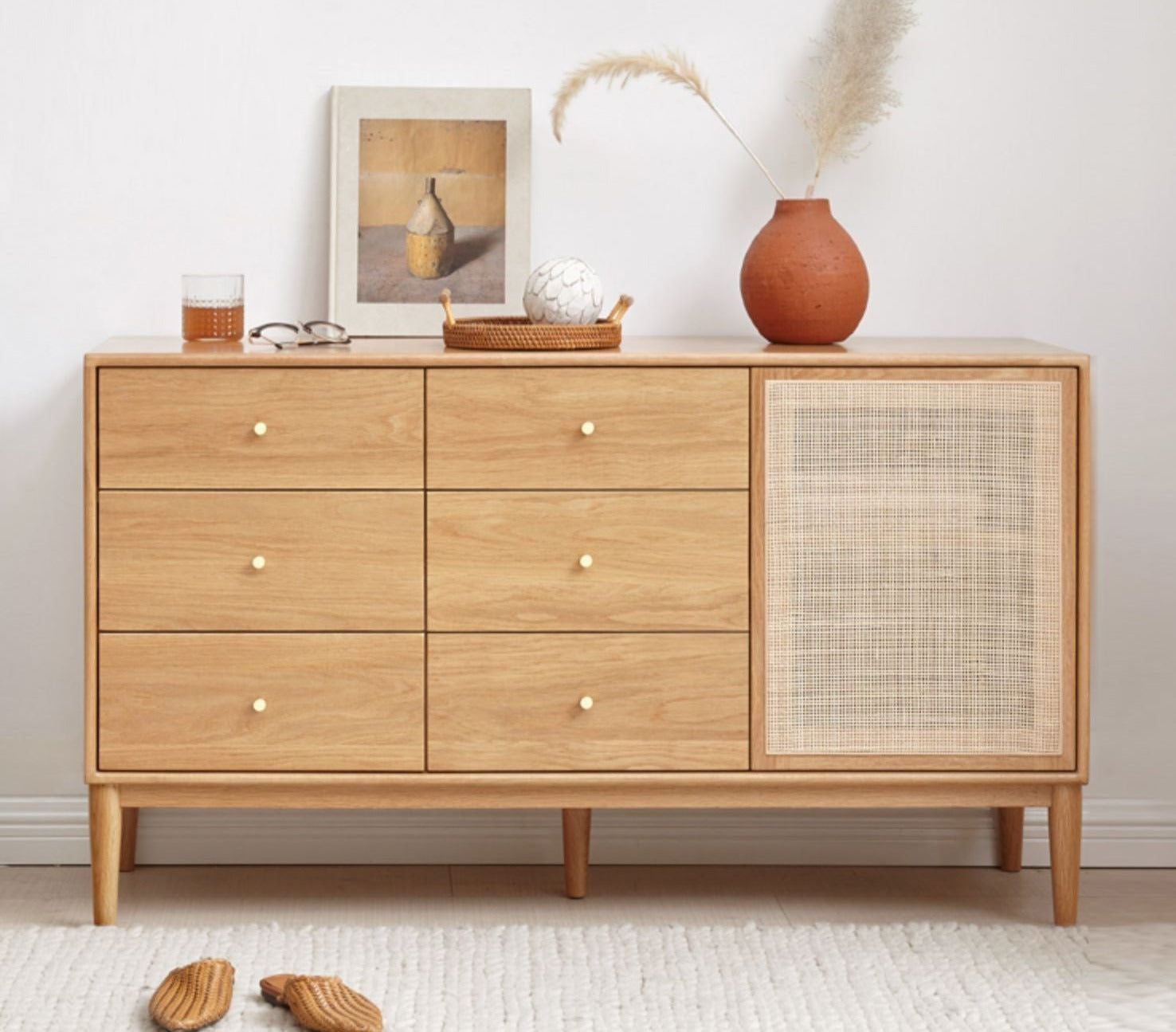 Oak Solid Wood Rattan Storage Cabinet