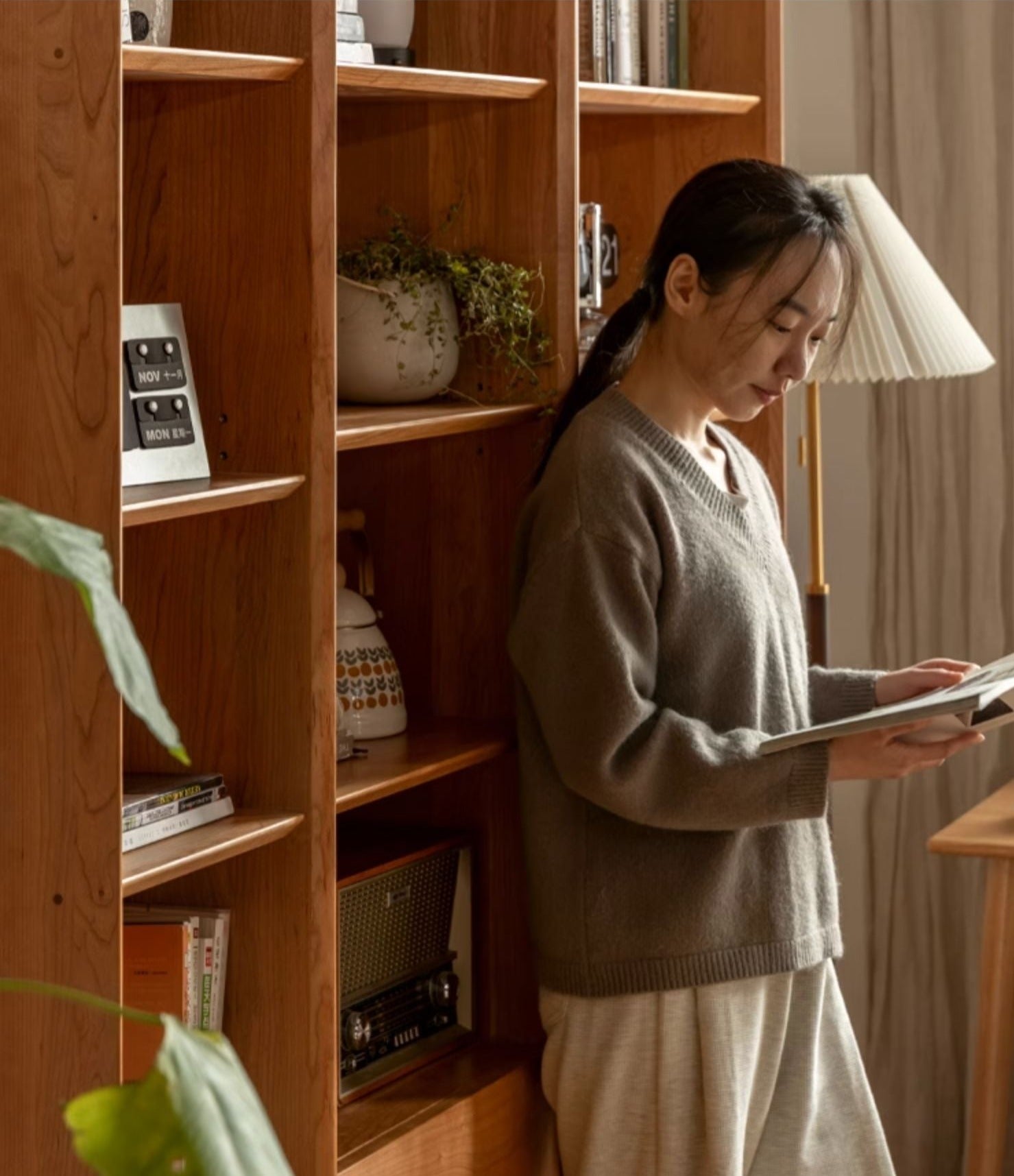 Cherry Wood Combination Bookcase Floor Shelf Glass Door Bookcase