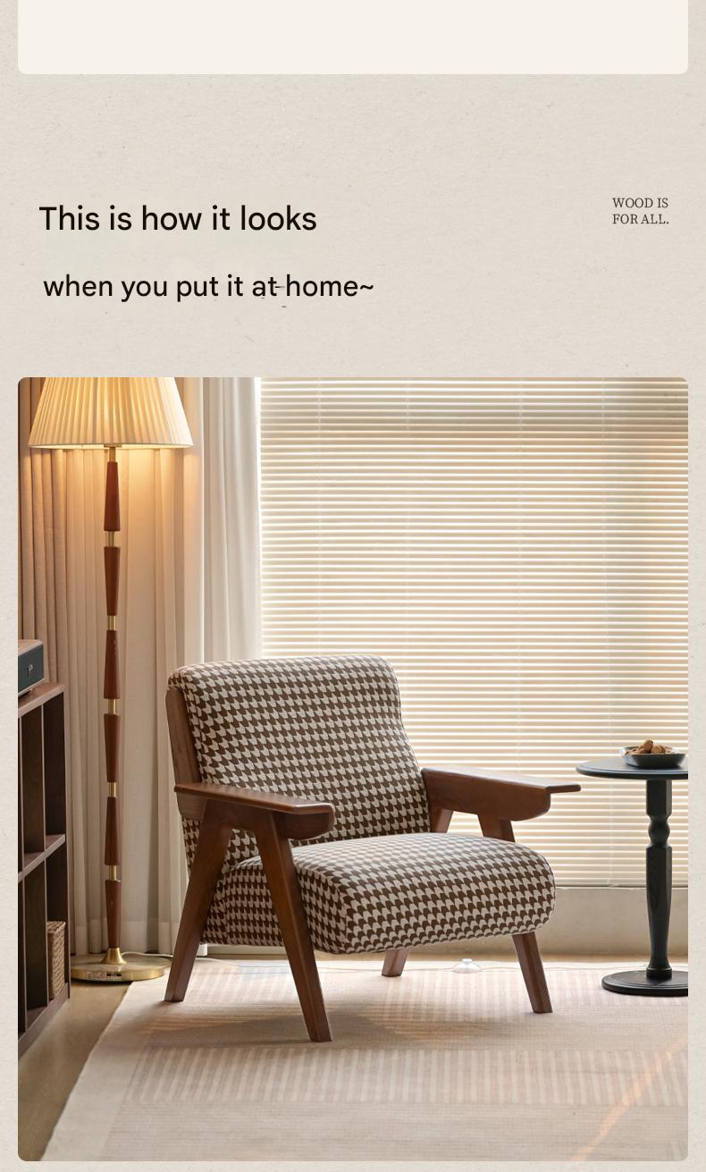 Oak Solid Wood Mid-Century Accent Chair with Houndstooth Upholstery