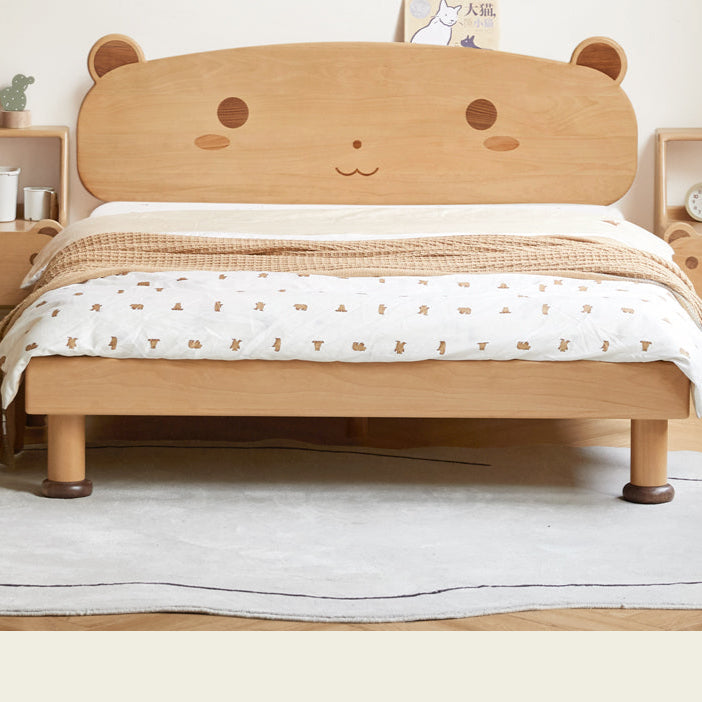 Beech Solid Wood Kids Bed with Bear-Shaped Headboard