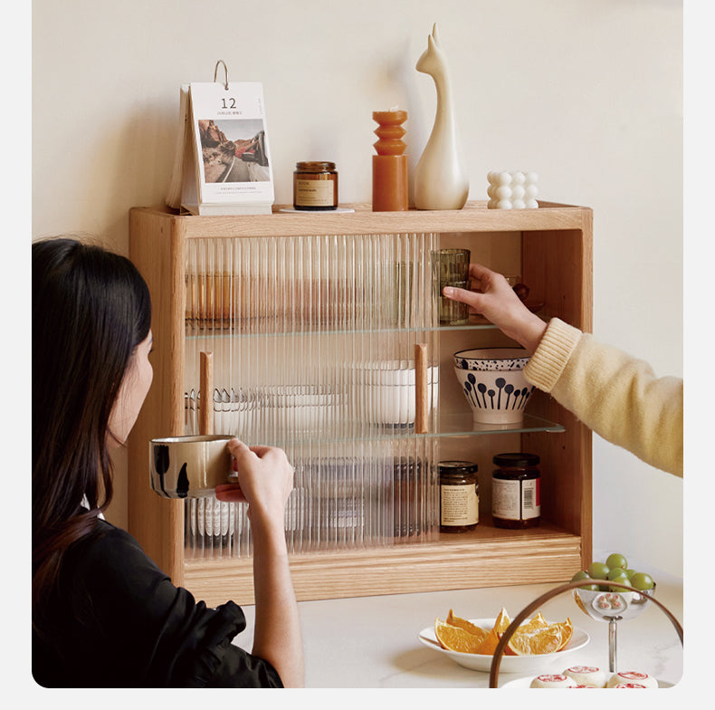 Oak, Cherry Solid Wood Desktop Locker Storage Cabinet Glass Sliding Door